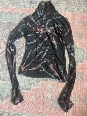 AFRM Black Sheer Long Sleeve Turtleneck with Pink and Teal Tie-Dye